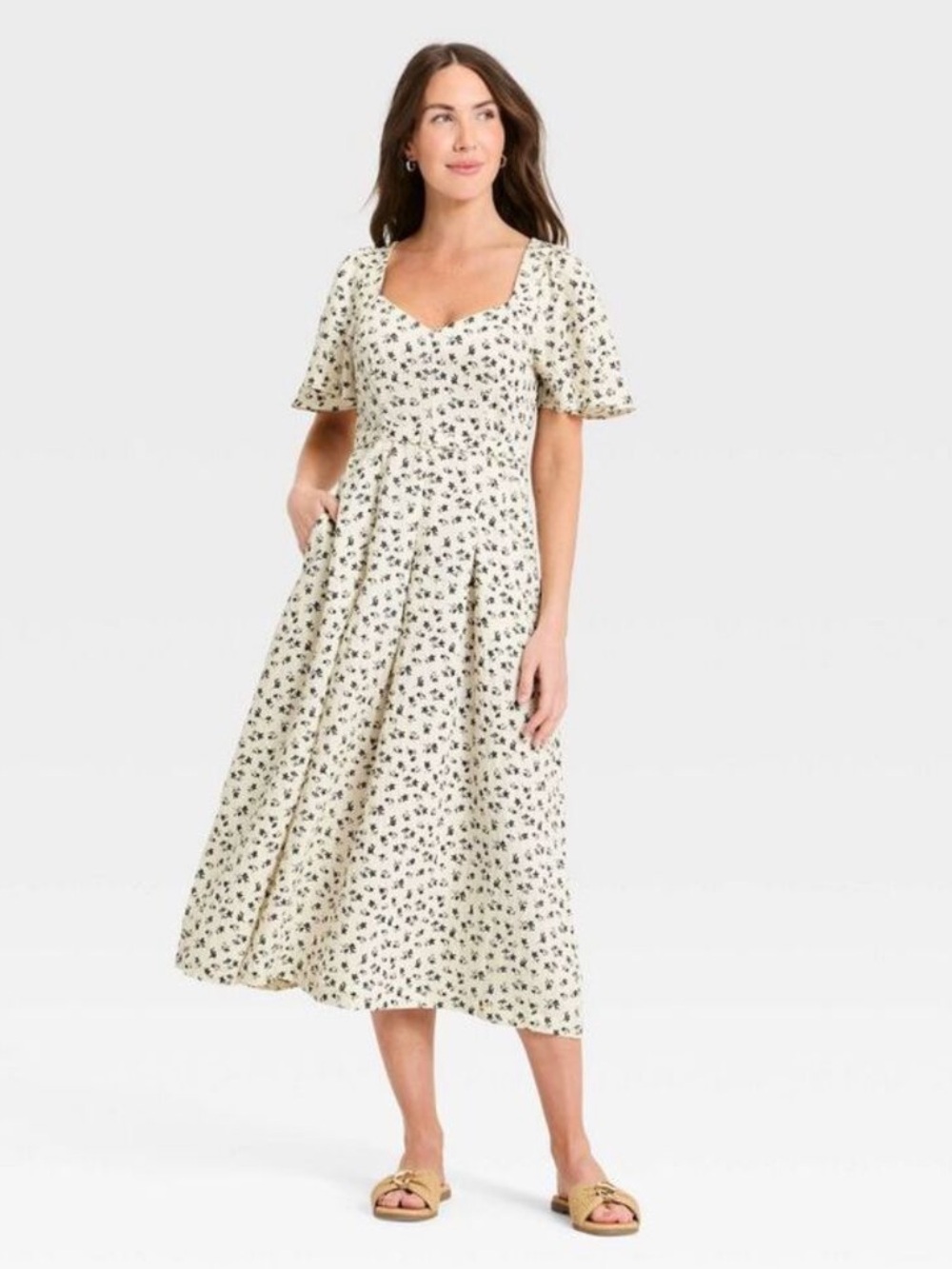 A New Day Women's Flutter Sleeve Belted Midi Dress - Cream/Black Floral - 2
